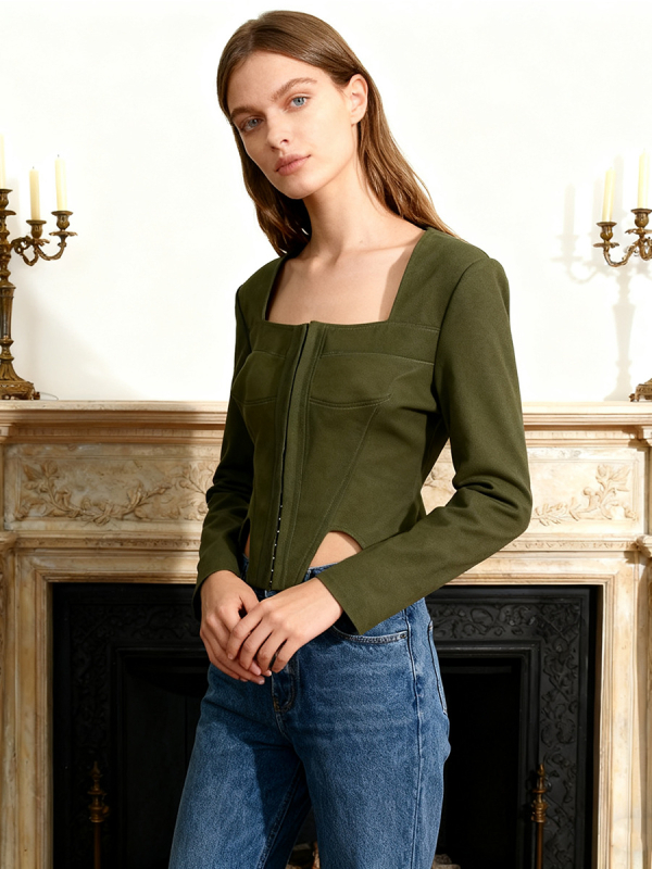 Női dzseki négyszögletes gallérral, cipzár, karcsú szabás, halcsont mintás patchwork, poliészter–elasztán