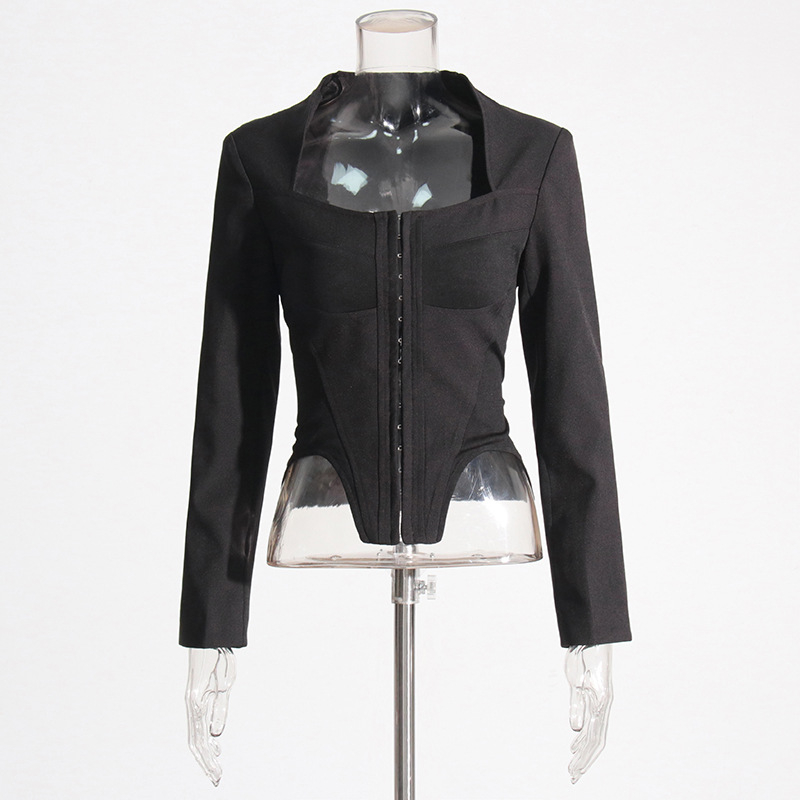 Női dzseki négyszögletes gallérral, cipzár, karcsú szabás, halcsont mintás patchwork, poliészter–elasztán