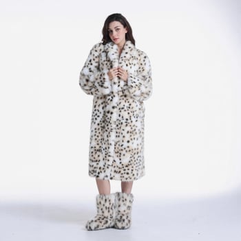 Ženski kaput od umjetne krznene kože s leopard printom, dugački kroj, 80–100 cm, rever ovratnik, zatvaranje s tri gumba u dvostrukom redu