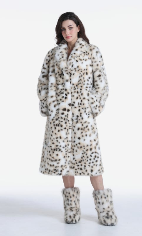 Ženski kaput od umjetne krznene kože s leopard printom, dugački kroj, 80–100 cm, rever ovratnik, zatvaranje s tri gumba u dvostrukom redu