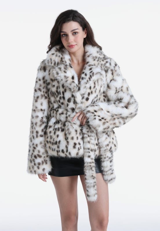 Ženski kaput od umjetne krznene kože s leopard printom, dugački kroj, 80–100 cm, rever ovratnik, zatvaranje s tri gumba u dvostrukom redu
