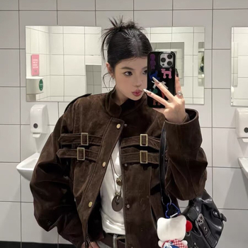 Női deerskin velúr dzseki rövid fazon, póló gallérral, cipzárral, pamut-poliészter keverék, 3D mintázat, laza szabású, őszi kollekció 2025