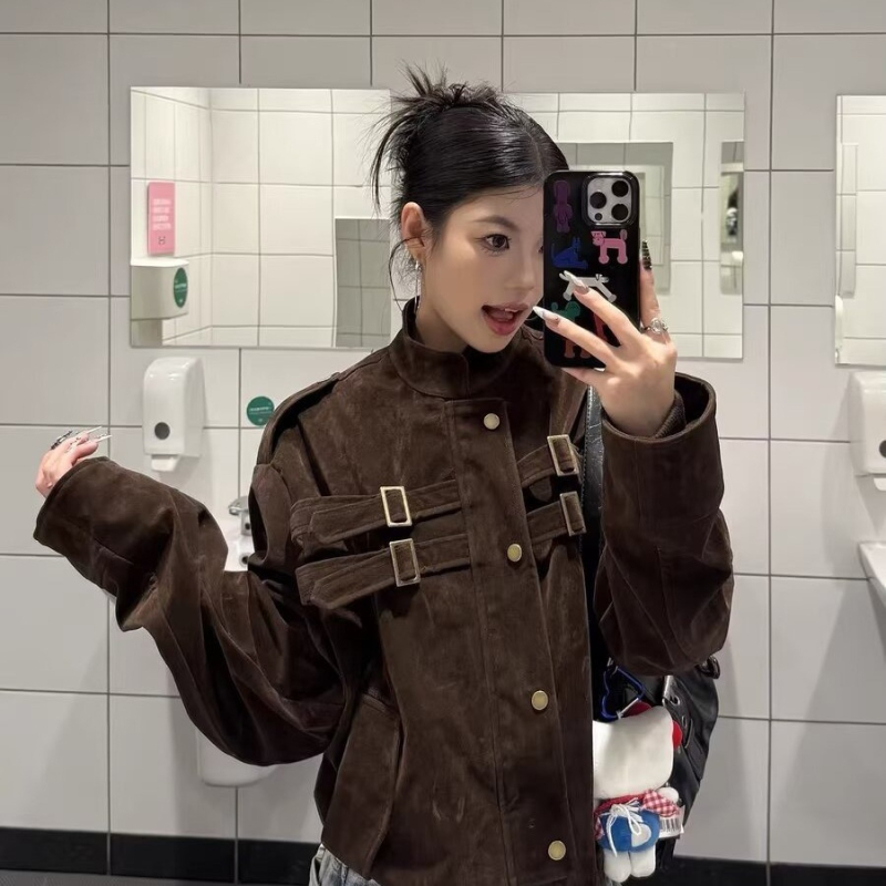 Női deerskin velúr dzseki rövid fazon, póló gallérral, cipzárral, pamut-poliészter keverék, 3D mintázat, laza szabású, őszi kollekció 2025