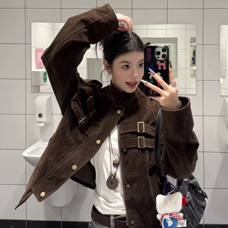 Női deerskin velúr dzseki rövid fazon, póló gallérral, cipzárral, pamut-poliészter keverék, 3D mintázat, laza szabású, őszi kollekció 2025