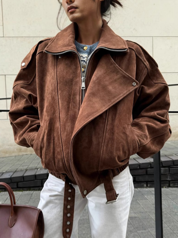 Női poliészter kabát reverrel, cipzárral, hosszú ujjú, retro stílus