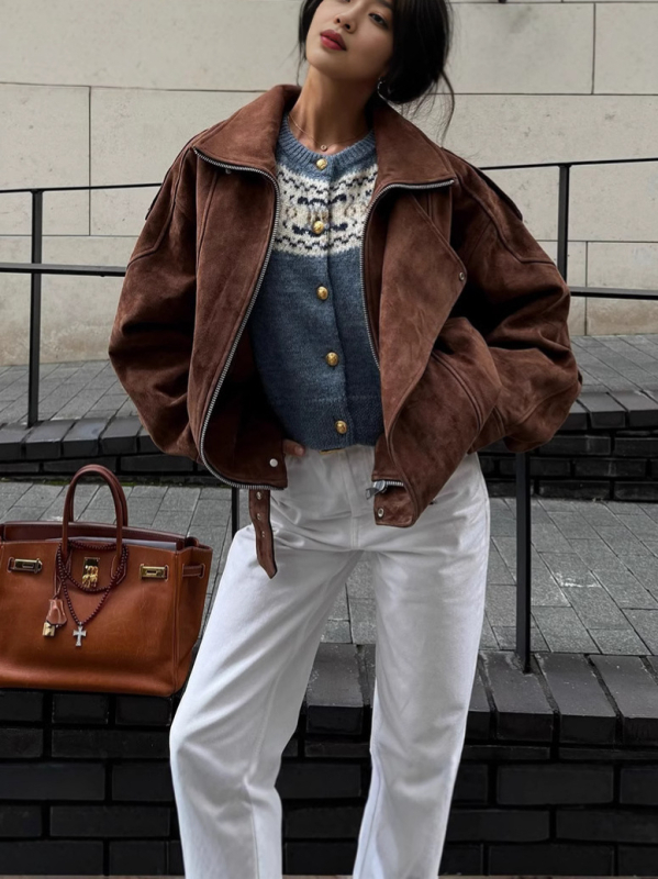 Női poliészter kabát reverrel, cipzárral, hosszú ujjú, retro stílus