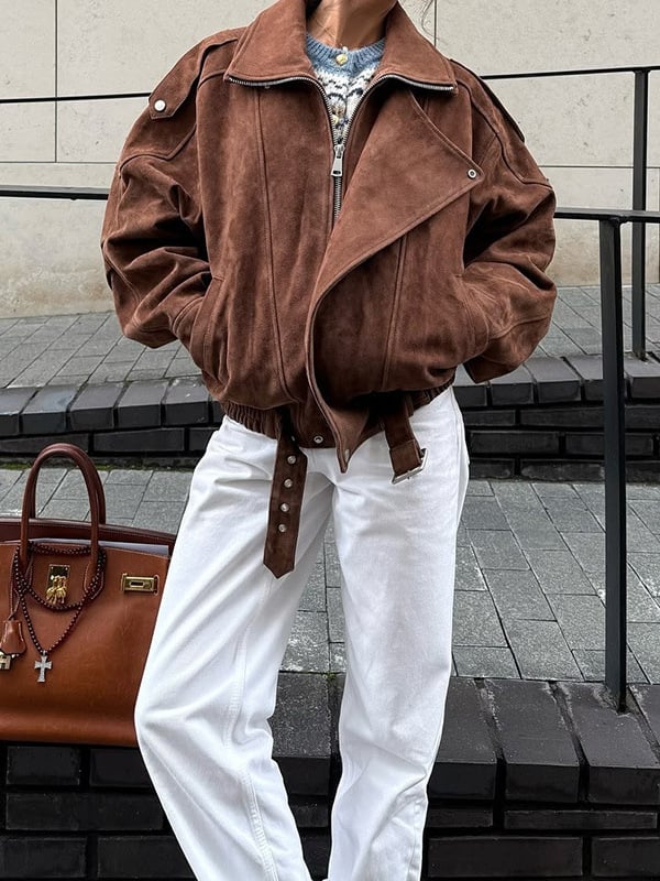 Női poliészter kabát reverrel, cipzárral, hosszú ujjú, retro stílus