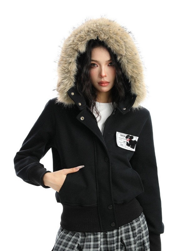 Női kapucnis pamut dzseki camouflage mintával – lazán szabott, cipzár, hosszú ujjú