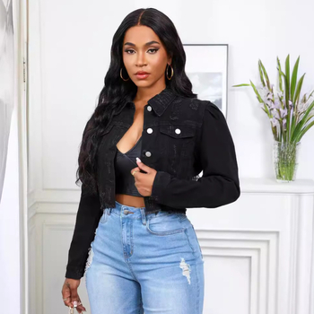 Női farmerdzseki puff ujjú, rövid szabás, pamut anyag, ősz 2024