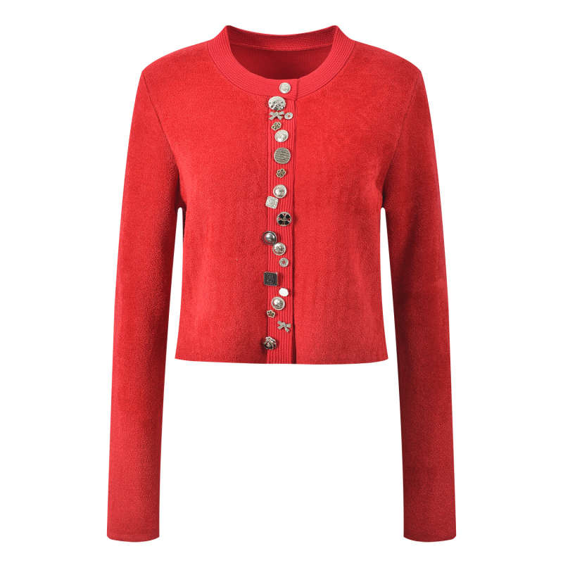 Cardigan tricotat, slim-fit, cu nasturi grei, din lână amestec, guler rotund