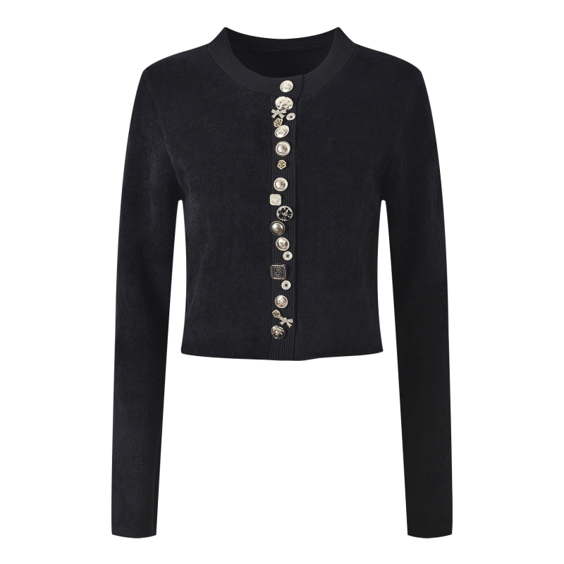 Cardigan tricotat, slim-fit, cu nasturi grei, din lână amestec, guler rotund