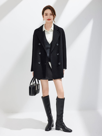 Palton de damă din lână, cu nasturi dubli, guler de tip sacou, lungime medie, 95%+ lână, croială lejeră