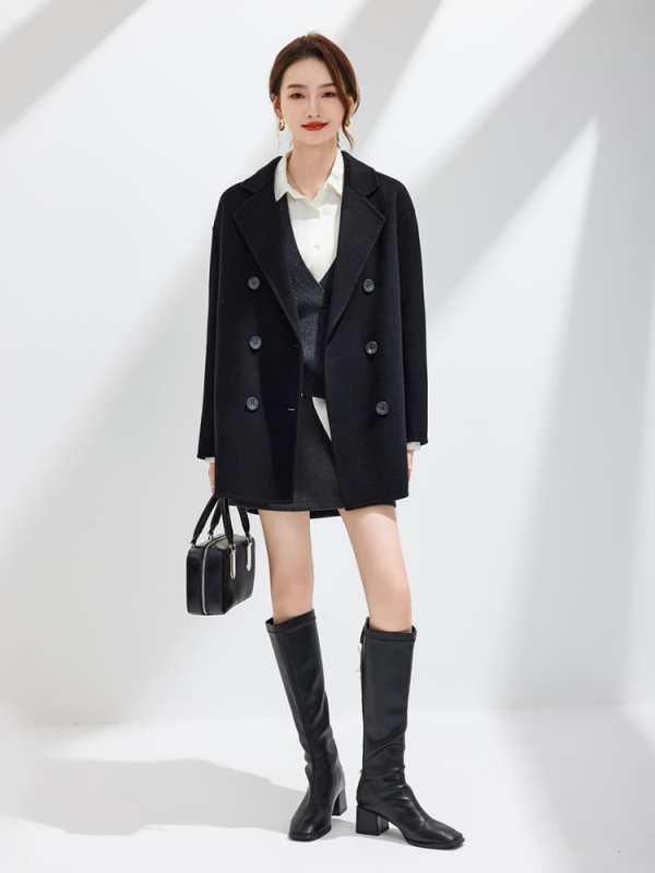 Palton de damă din lână, cu nasturi dubli, guler de tip sacou, lungime medie, 95%+ lână, croială lejeră