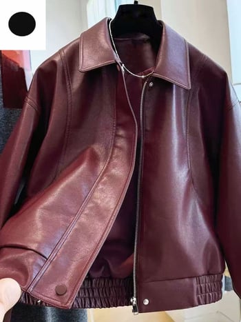 Női bőrdzseki reveres nyakkal, cipzáros záródás, dolman ujjú, lazább szabás, PU anyag, téli 2025