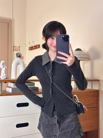 Cardigan tricotat cu guler polo, model în carouri, șnururi de închidere, croială slim