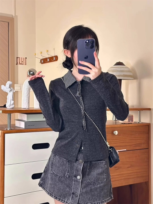 Cardigan tricotat cu guler polo, model în carouri, șnururi de închidere, croială slim