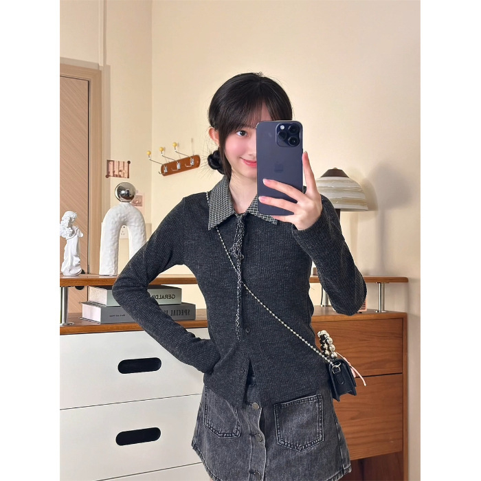 Cardigan tricotat cu guler polo, model în carouri, șnururi de închidere, croială slim