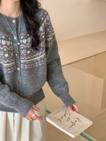 Cardigan tricotat Jacquard cu contrast pentru femei, croială lejeră, mâneci lungi