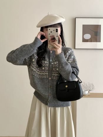 Cardigan tricotat Jacquard cu contrast pentru femei, croială lejeră, mâneci lungi