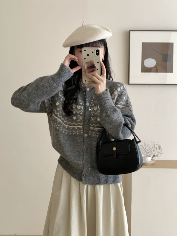 Cardigan tricotat Jacquard cu contrast pentru femei, croială lejeră, mâneci lungi