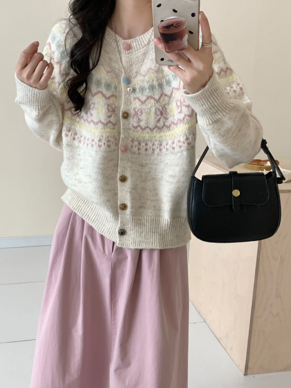 Cardigan tricotat Jacquard cu contrast pentru femei, croială lejeră, mâneci lungi