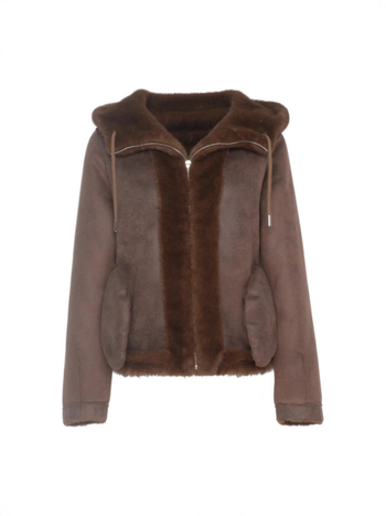 Geacă damă cu blană artificială, glugă, fermoar, croială lejeră, țesătură groasă, lungime medie 50–65 cm