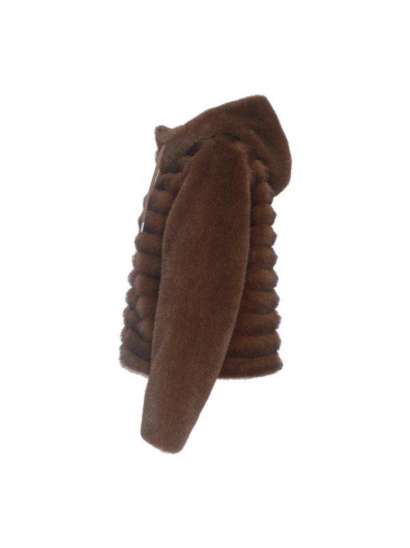 Geacă damă cu blană artificială, glugă, fermoar, croială lejeră, țesătură groasă, lungime medie 50–65 cm