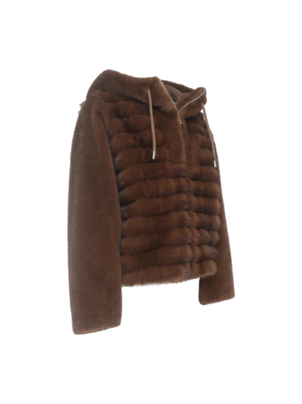 Geacă damă cu blană artificială, glugă, fermoar, croială lejeră, țesătură groasă, lungime medie 50–65 cm