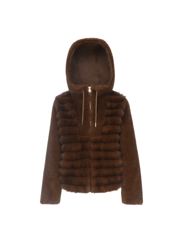 Geacă damă cu blană artificială, glugă, fermoar, croială lejeră, țesătură groasă, lungime medie 50–65 cm