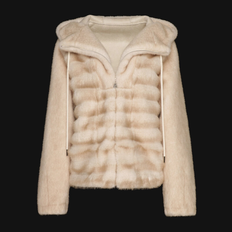 Geacă damă cu blană artificială, glugă, fermoar, croială lejeră, țesătură groasă, lungime medie 50–65 cm