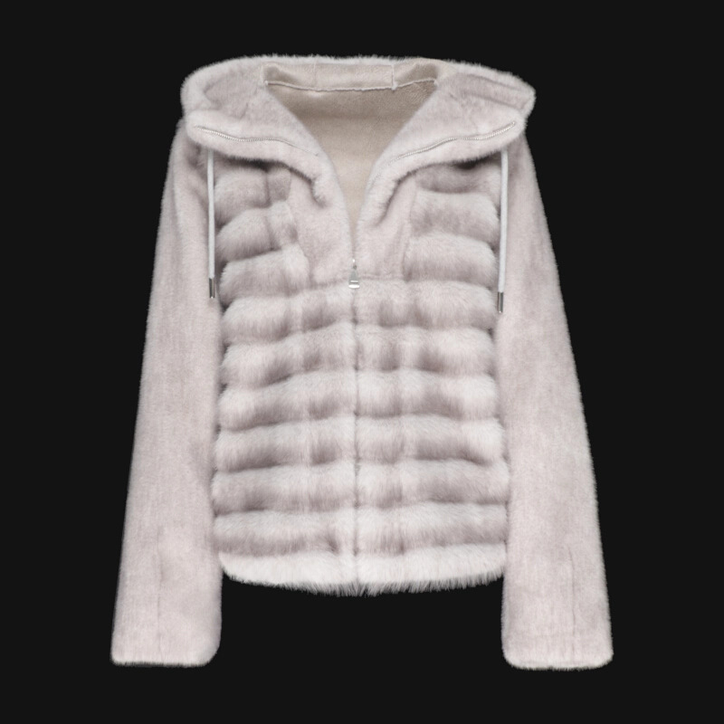 Geacă damă cu blană artificială, glugă, fermoar, croială lejeră, țesătură groasă, lungime medie 50–65 cm