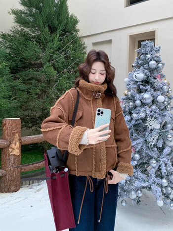 Palton din blană de miel cu guler înalt, croială scurtă, gros și cald, 2025 toamnă-iarnă, poliester 95%+