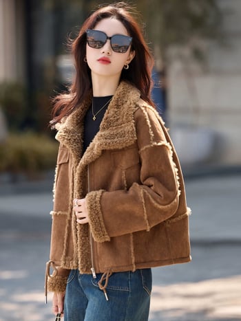Palton din blană de miel cu guler înalt, croială scurtă, gros și cald, 2025 toamnă-iarnă, poliester 95%+