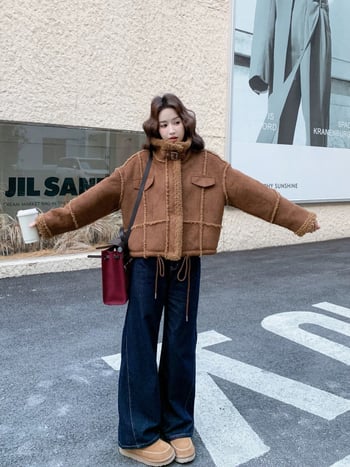 Palton din blană de miel cu guler înalt, croială scurtă, gros și cald, 2025 toamnă-iarnă, poliester 95%+