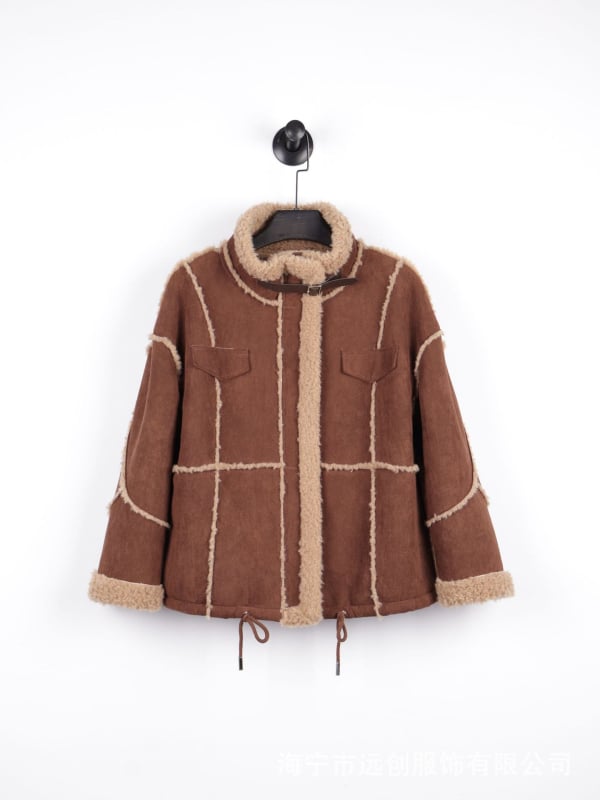 Palton din blană de miel cu guler înalt, croială scurtă, gros și cald, 2025 toamnă-iarnă, poliester 95%+