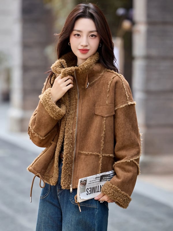 Palton din blană de miel cu guler înalt, croială scurtă, gros și cald, 2025 toamnă-iarnă, poliester 95%+