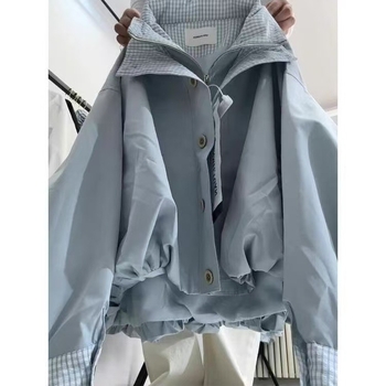 Rövid pamutszabású kockás kabát, laza szabású, állítható gallér, cipzáros záródás, japán-koreai casual diák-stílus