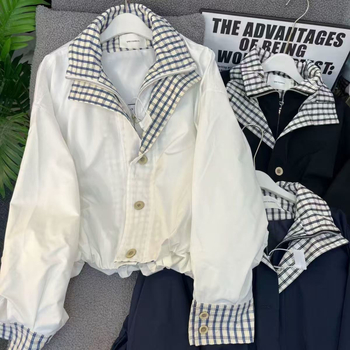 Rövid pamutszabású kockás kabát, laza szabású, állítható gallér, cipzáros záródás, japán-koreai casual diák-stílus
