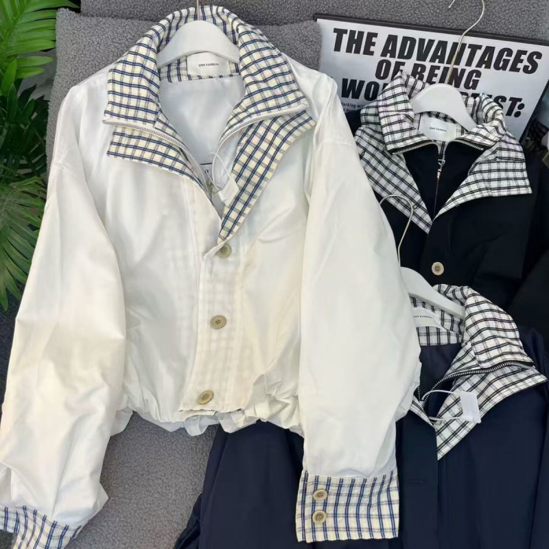 Rövid pamutszabású kockás kabát, laza szabású, állítható gallér, cipzáros záródás, japán-koreai casual diák-stílus