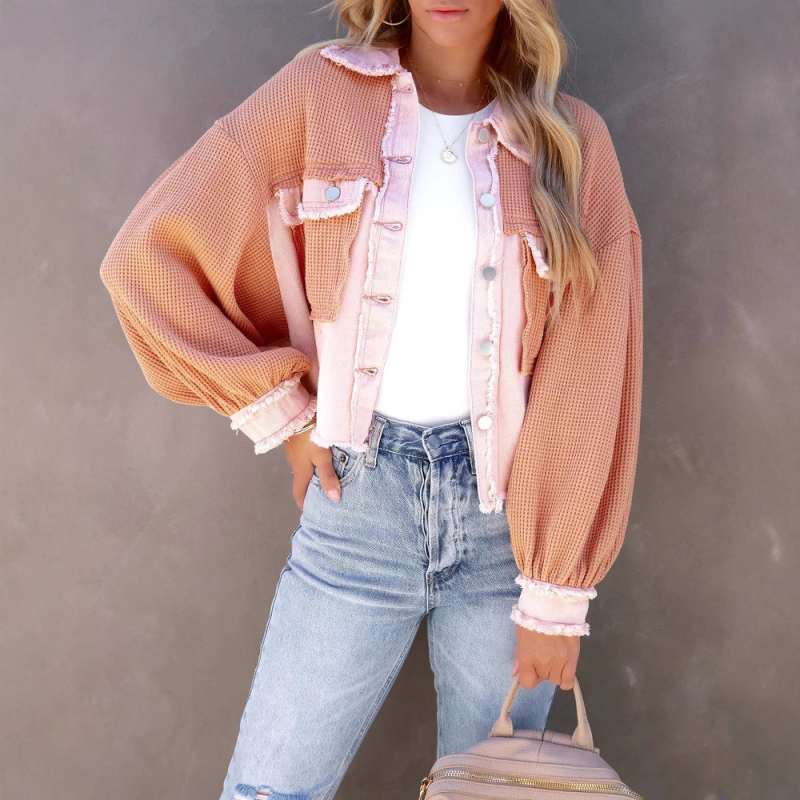 Palton din poliester-elastan, imprimeu contrastant, mâneci lungi, nasturi în față