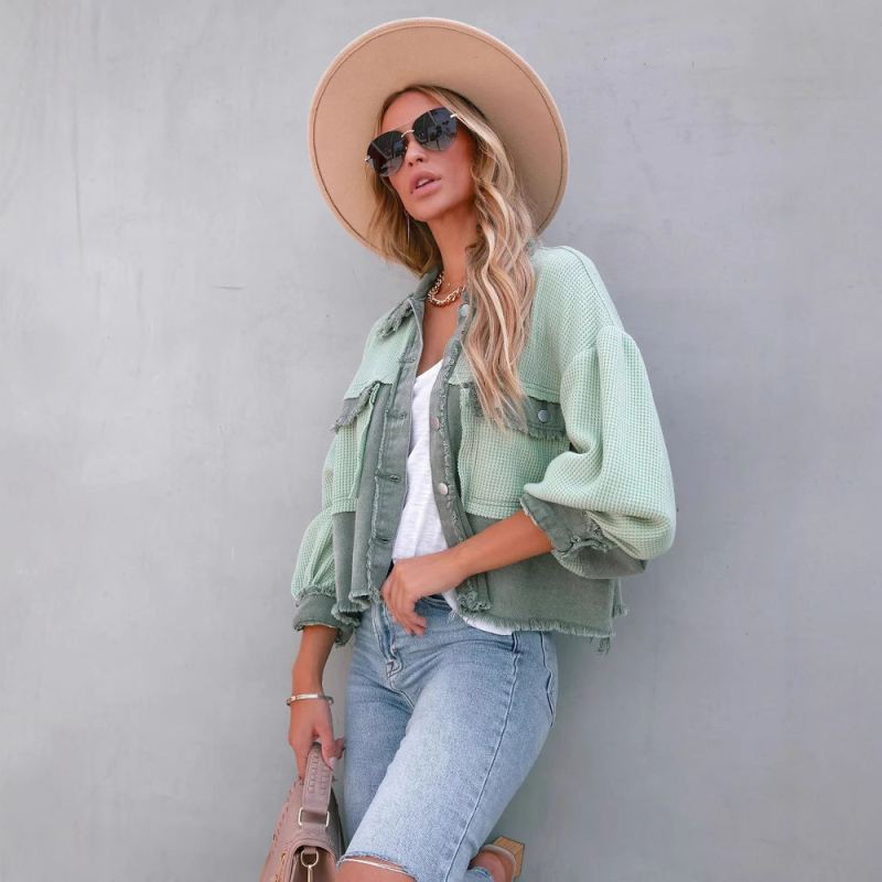 Palton din poliester-elastan, imprimeu contrastant, mâneci lungi, nasturi în față