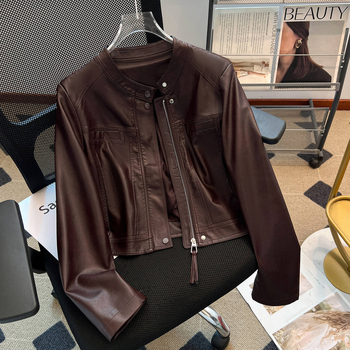 Jachetă scurtă pentru femei din viscose, guler rotund, mâneci lungi, croială dreaptă, toamnă 2025, stil elegant pentru naveta zilnică