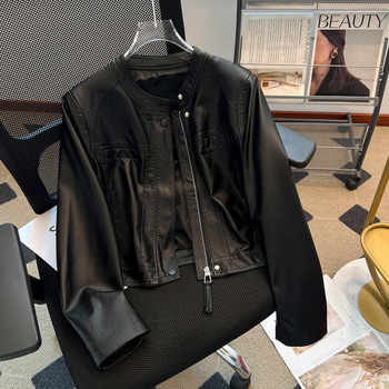 Jachetă scurtă pentru femei din viscose, guler rotund, mâneci lungi, croială dreaptă, toamnă 2025, stil elegant pentru naveta zilnică