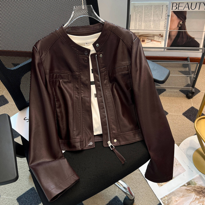 Jachetă scurtă pentru femei din viscose, guler rotund, mâneci lungi, croială dreaptă, toamnă 2025, stil elegant pentru naveta zilnică