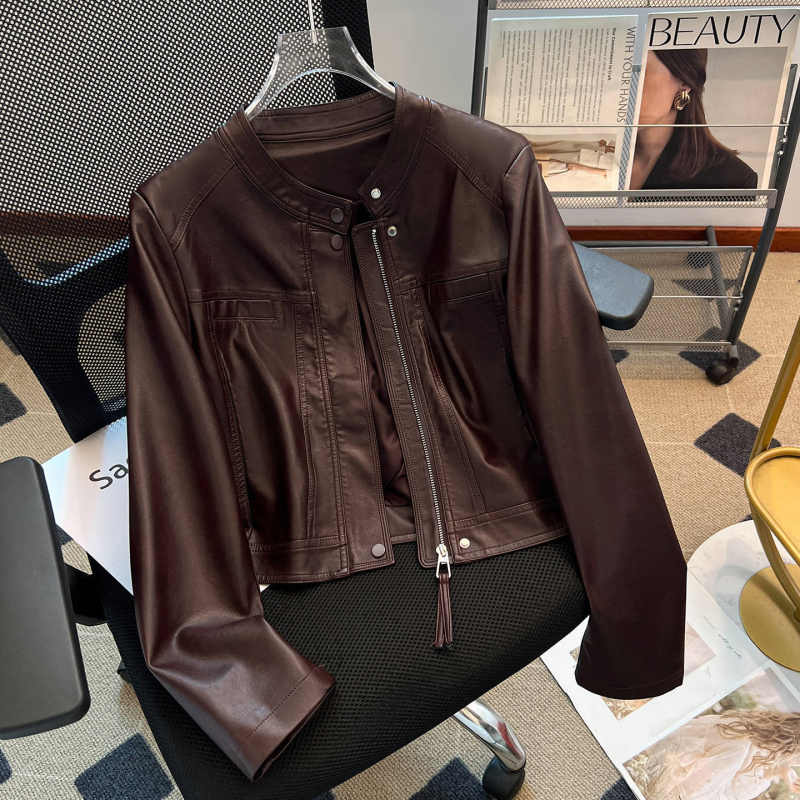 Jachetă scurtă pentru femei din viscose, guler rotund, mâneci lungi, croială dreaptă, toamnă 2025, stil elegant pentru naveta zilnică