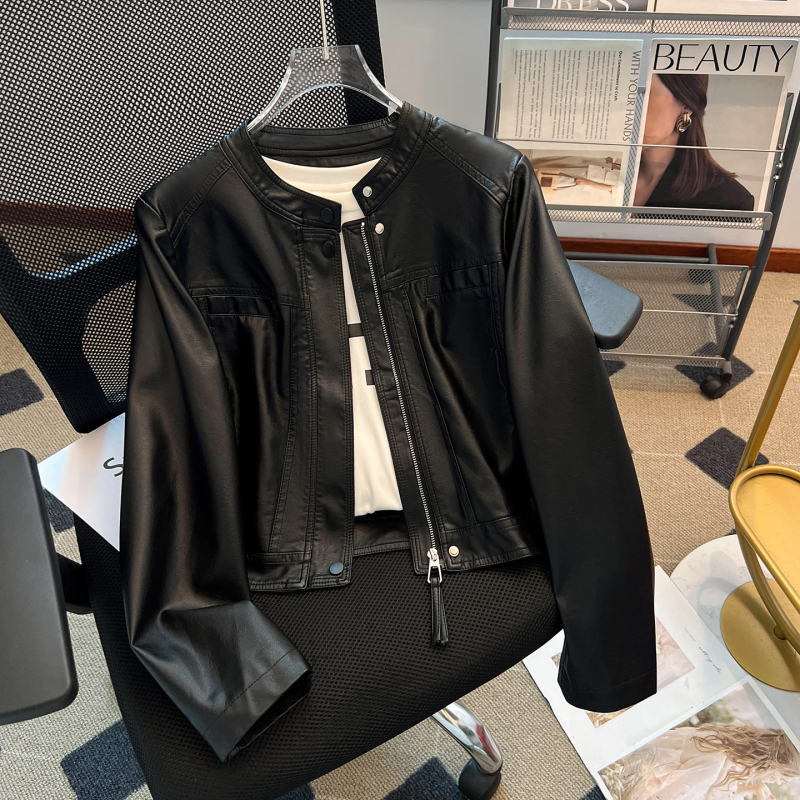 Jachetă scurtă pentru femei din viscose, guler rotund, mâneci lungi, croială dreaptă, toamnă 2025, stil elegant pentru naveta zilnică