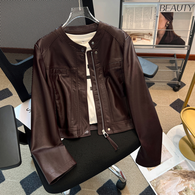 Jachetă scurtă pentru femei din viscose, guler rotund, mâneci lungi, croială dreaptă, toamnă 2025, stil elegant pentru naveta zilnică