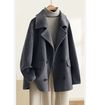 Palton de femei din lână, croială lejeră, închidere cu nasturi dubli, guler stil sacou, mâneci lungi, țesătură groasă, stil retro, iarna 2025