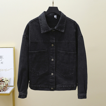 Női koreai stílusú farmerdzseki, laza szabás, hosszú ujjú, polo gallér, ősz 2025