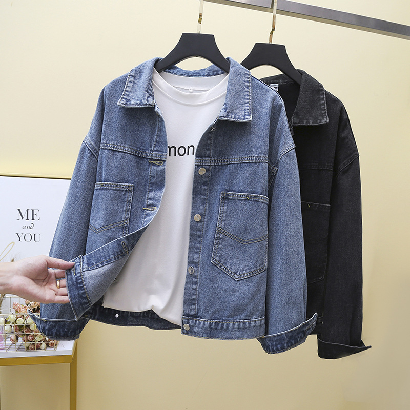 Női koreai stílusú farmerdzseki, laza szabás, hosszú ujjú, polo gallér, ősz 2025